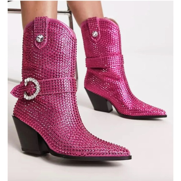 azalea wang Shoes - NEW Azalea Wang Federica Rhinestone Western Pink Cowboy heel boot women size 7